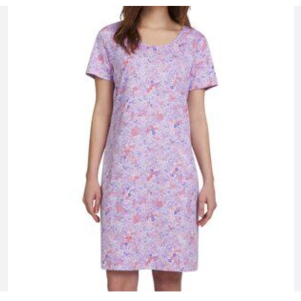 Lands' End Lavender Floral Sleep Dress Shirt comfort Cotton Nightgown sz M